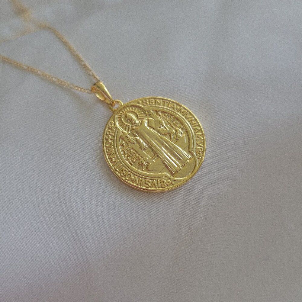 Saint Benedict Cross Coin Medallion Necklace Gold Filled